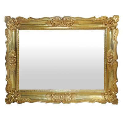 Fine XIX secolo, Grande specchiera a vassoio con cornice dorata a decori floreali intagliati e sc...