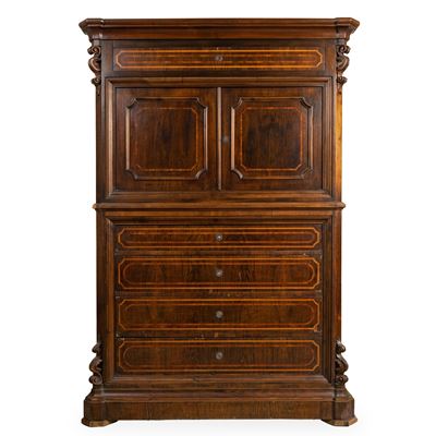 Chiffonier, impiallacciatura in palissandro, mobilio a due corpi con sportelli e cassetti