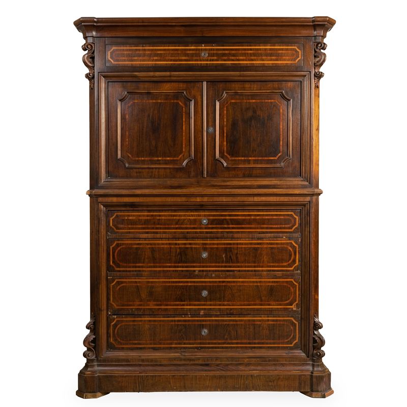 Chiffonier, impiallacciatura in palissandro, mobilio a due corpi con sportelli e cassetti