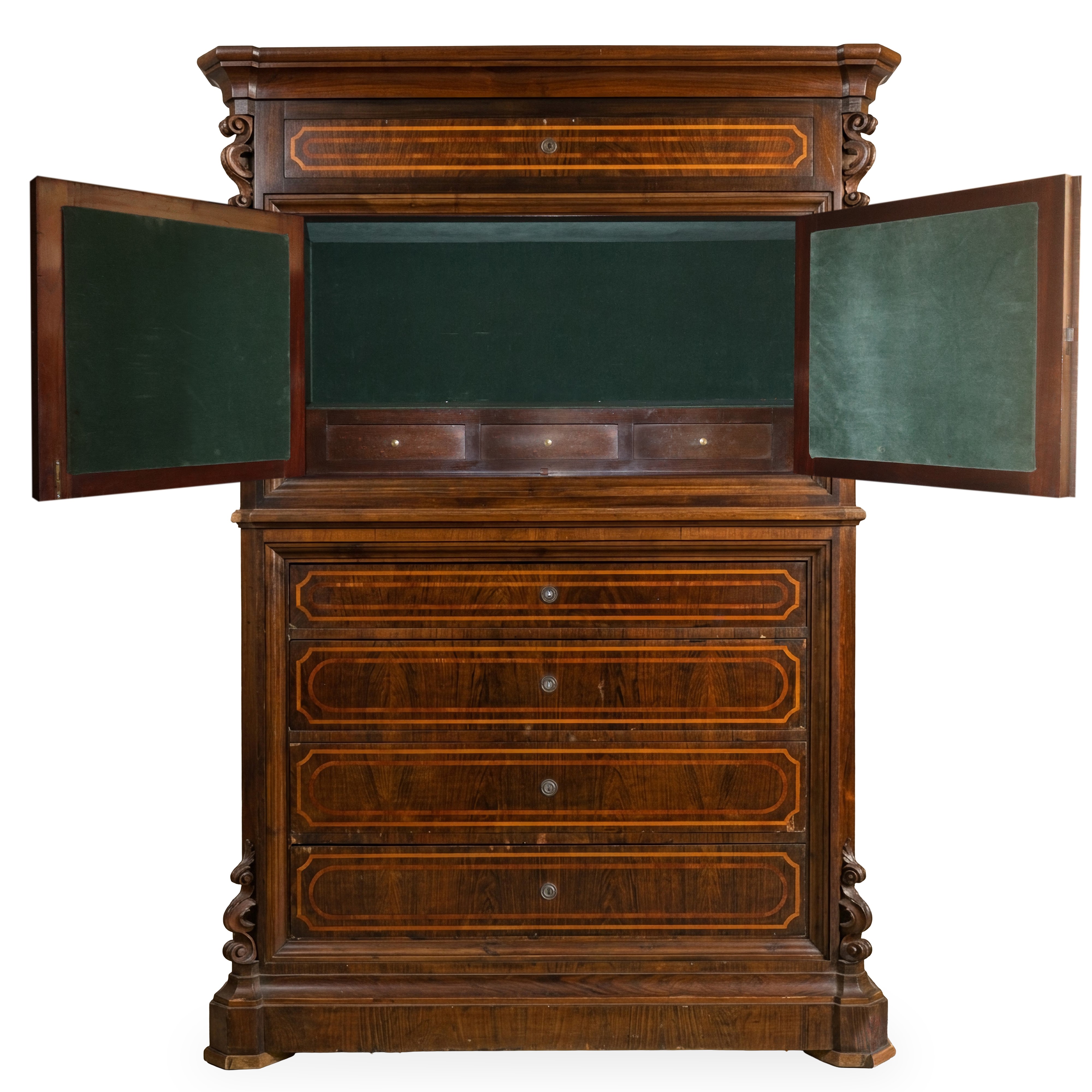 Chiffonier, impiallacciatura in palissandro, mobilio a due corpi con sportelli e cassetti