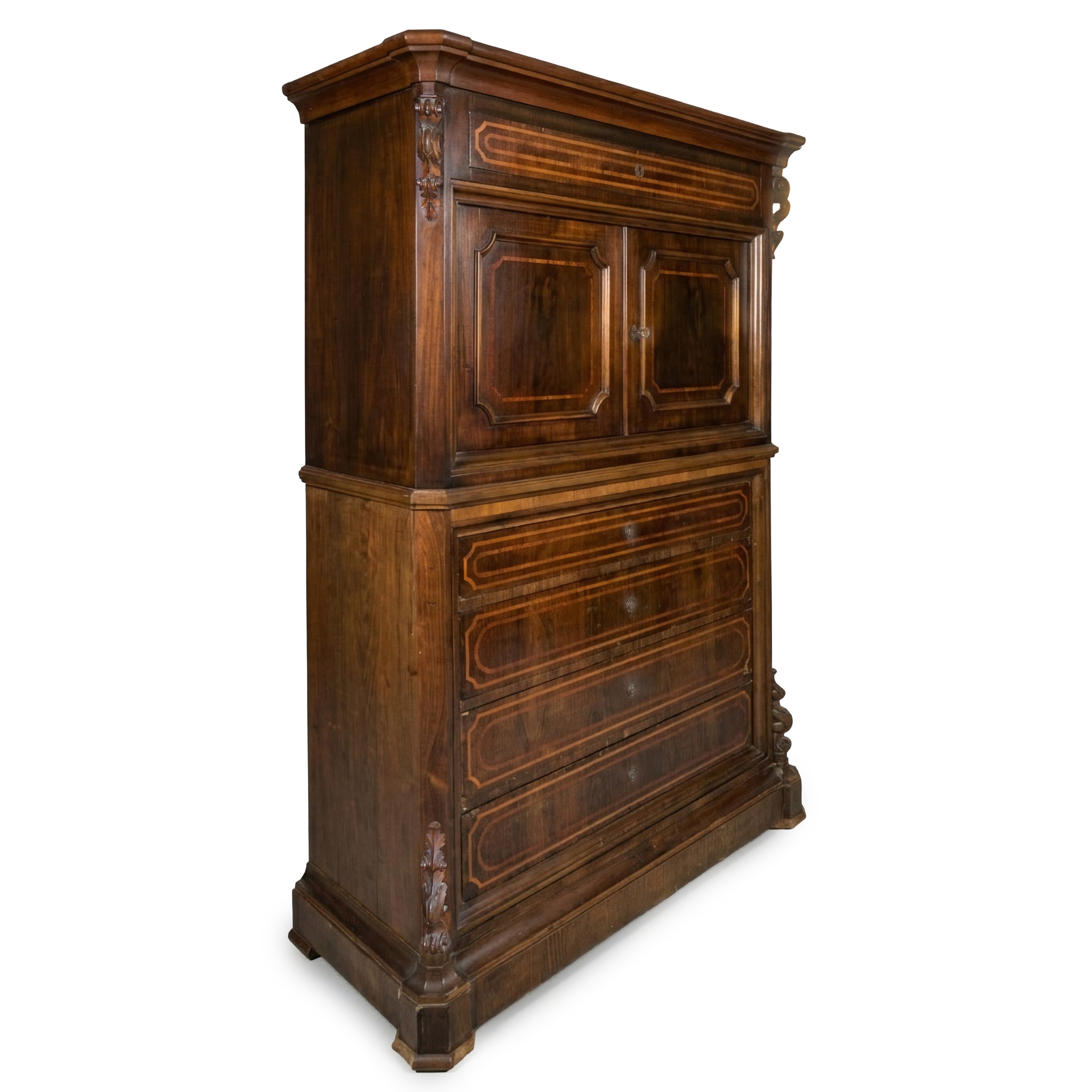 Chiffonier, impiallacciatura in palissandro, mobilio a due corpi con sportelli e cassetti