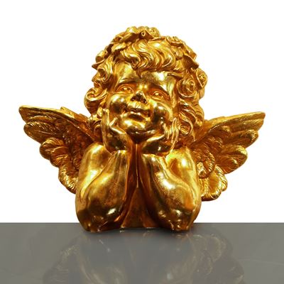 Puttino ornamentale dorato, figura in posizione pensante