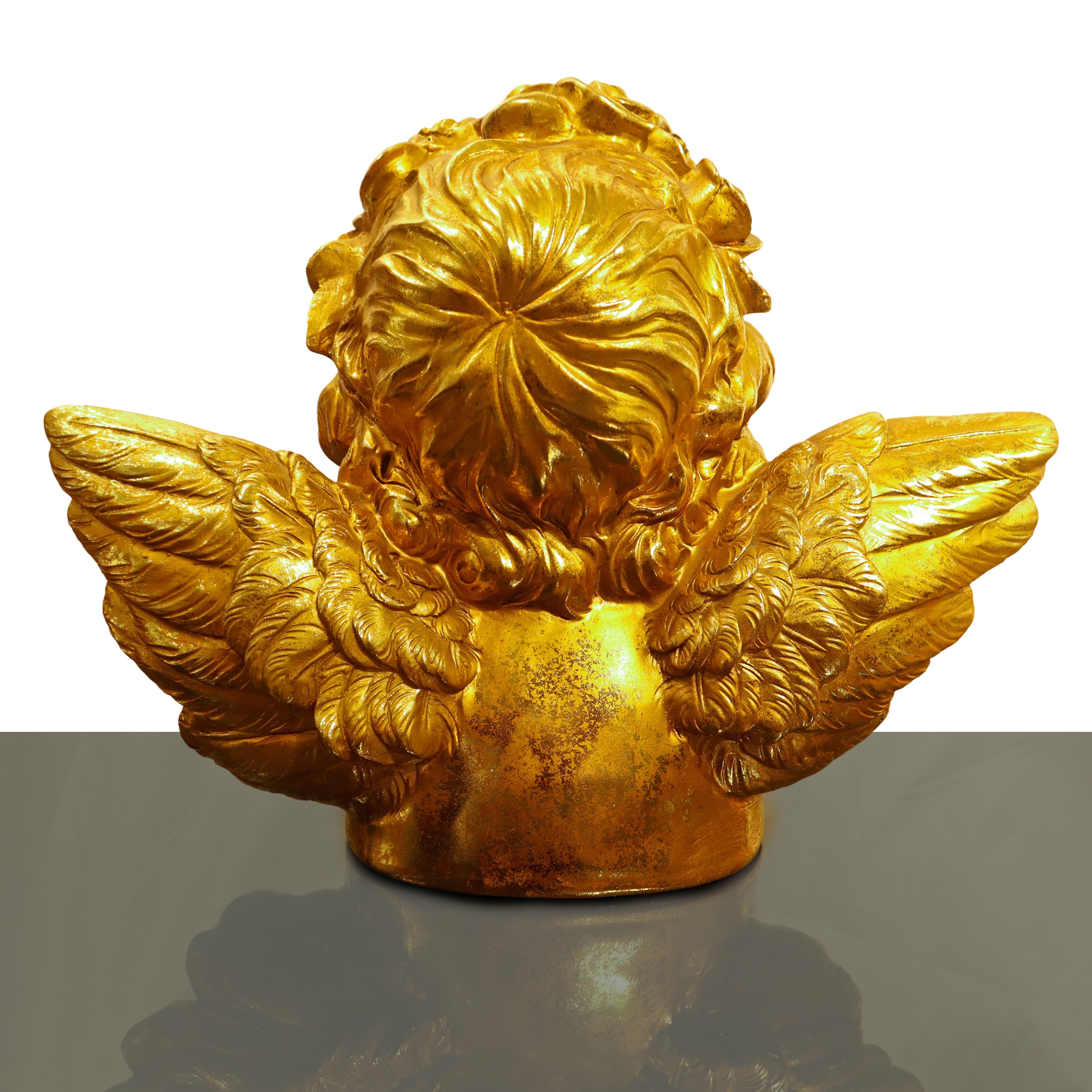 Puttino ornamentale dorato, figura in posizione pensante