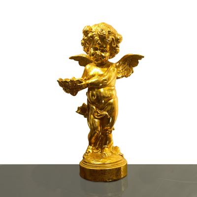Putto dorato con cesto, scultura decorativa da interno