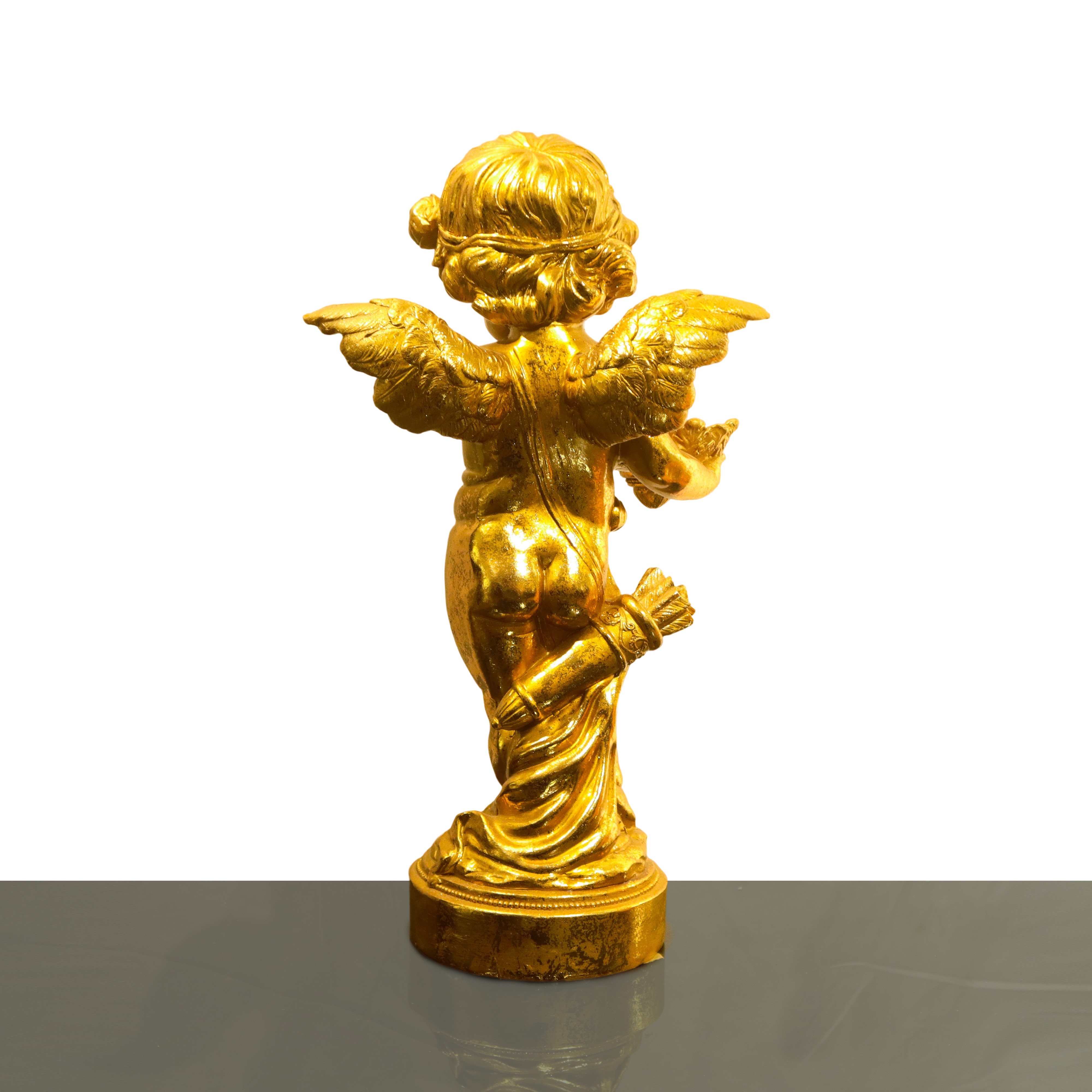 Putto dorato con cesto, scultura decorativa da interno