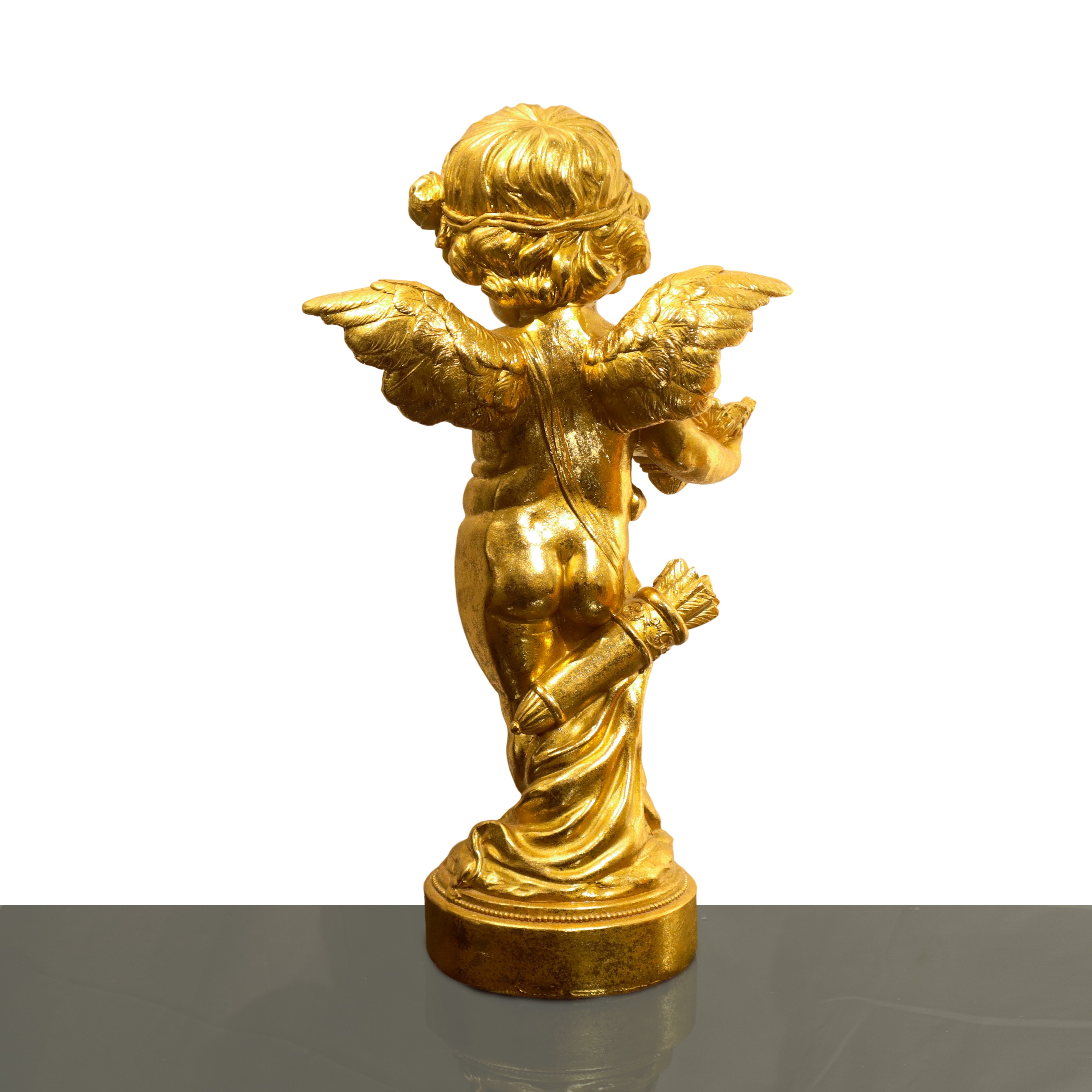 Putto dorato con cesto in mano, scultura decorativa