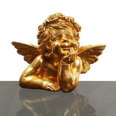 Putto dorato in posizione pensante, scultura/figura ornamentale