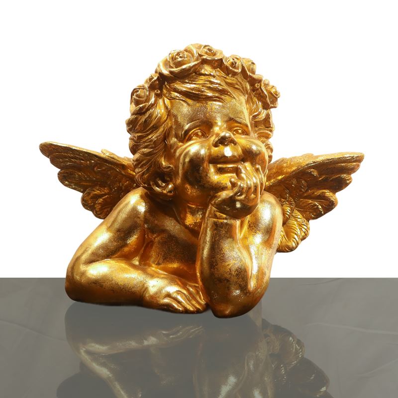 Putto dorato in posizione pensante, scultura/figura ornamentale