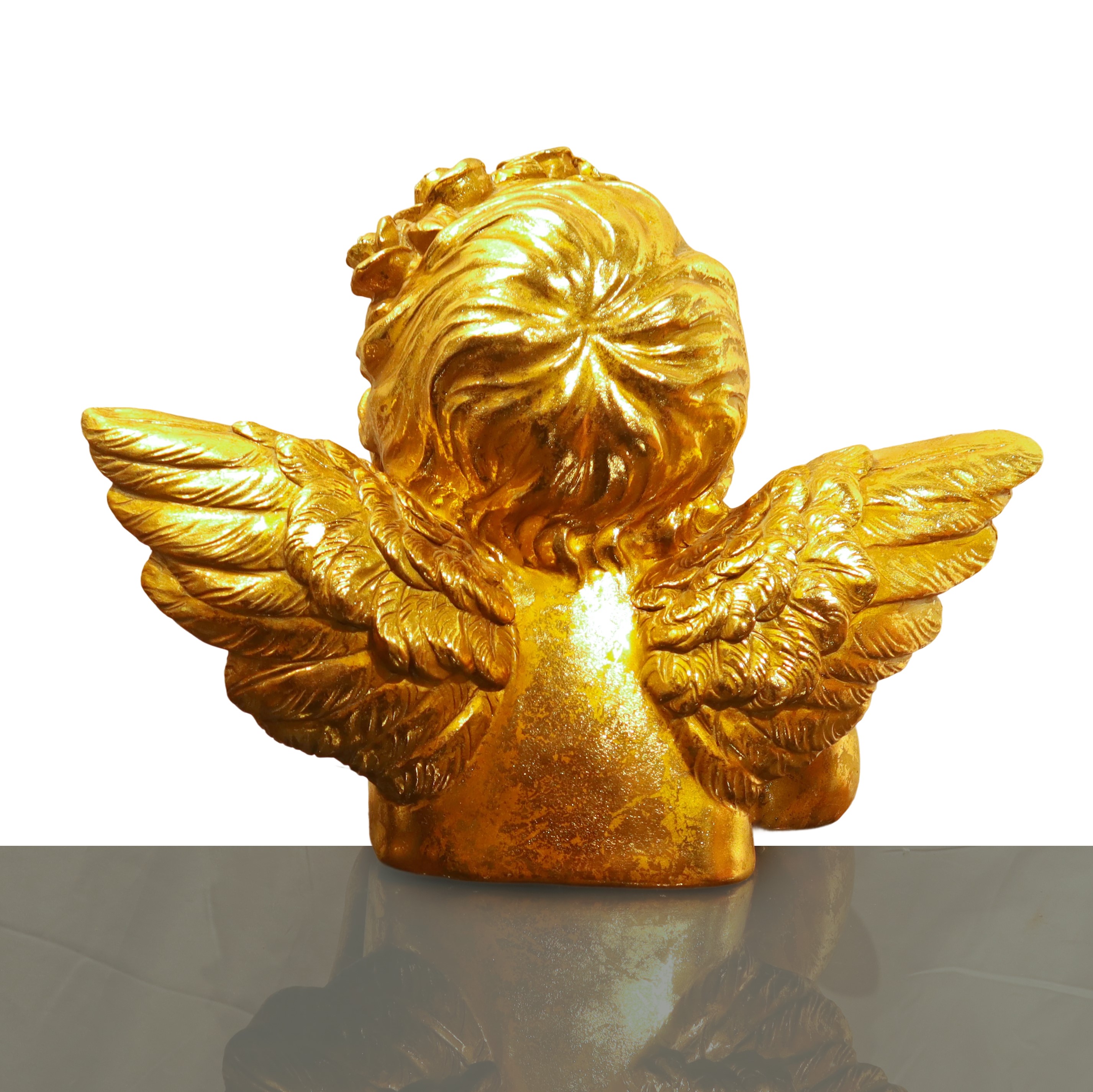 Putto dorato in posizione pensante, scultura/figura ornamentale