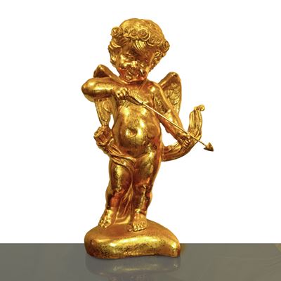 Cupido dorato nell’atto di scoccare le frecce, scultura decorativa