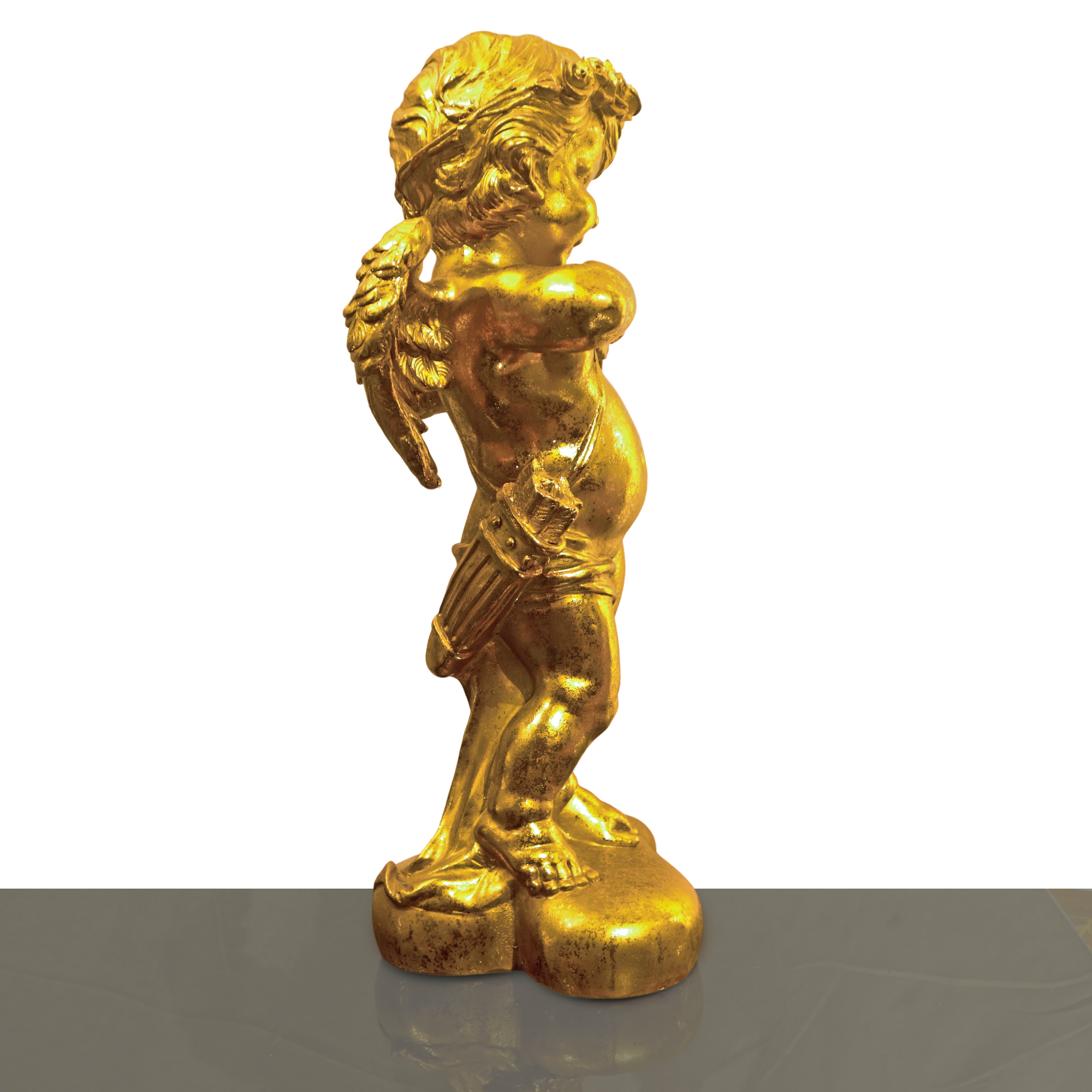 Cupido dorato nell’atto di scoccare le frecce, scultura decorativa
