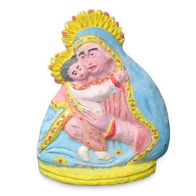 Scultura Popolare in Gesso Policromo Raffigurante Madonna con Bambino