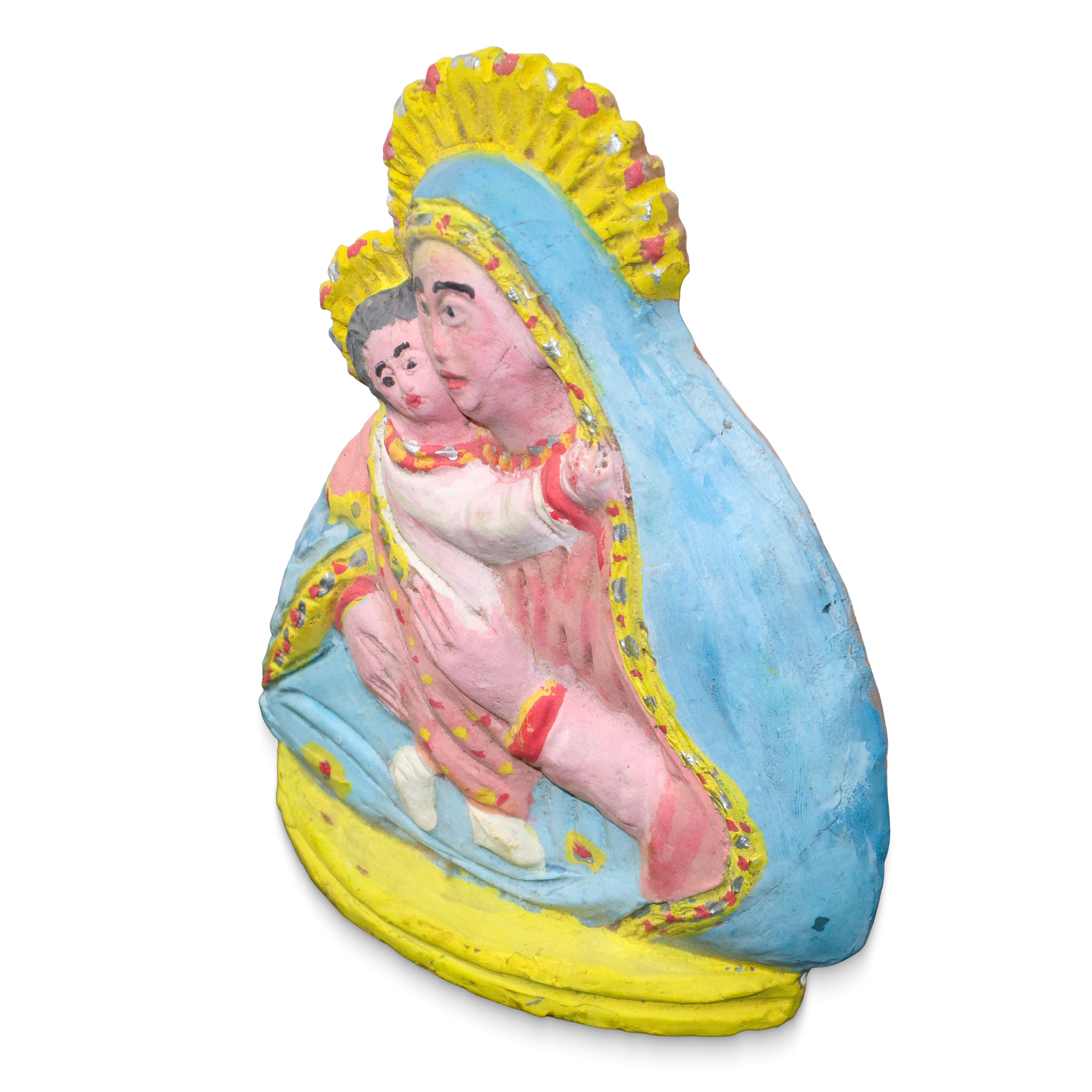 Scultura Popolare in Gesso Policromo Raffigurante Madonna con Bambino