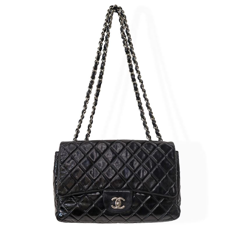 Chanel - Borsa Timeless in vernice nera con metalleria argentata