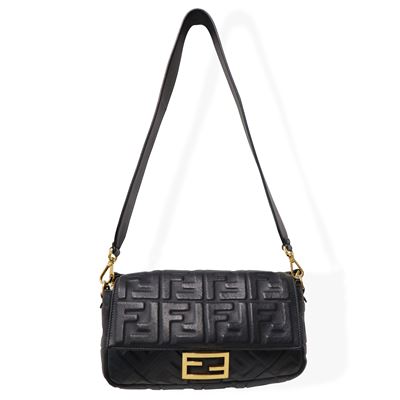 Borsa baguette in nappa nera con logo a rilievo e metalleria dorata