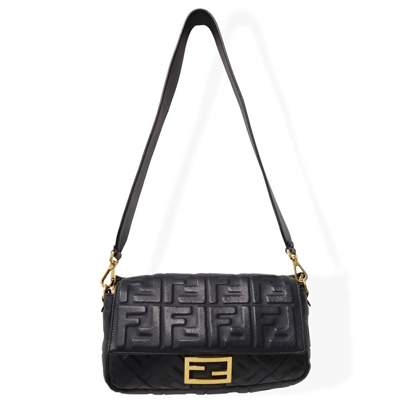 Fendi - Borsa baguette in nappa nera con logo a rilievo e metalleria dorata