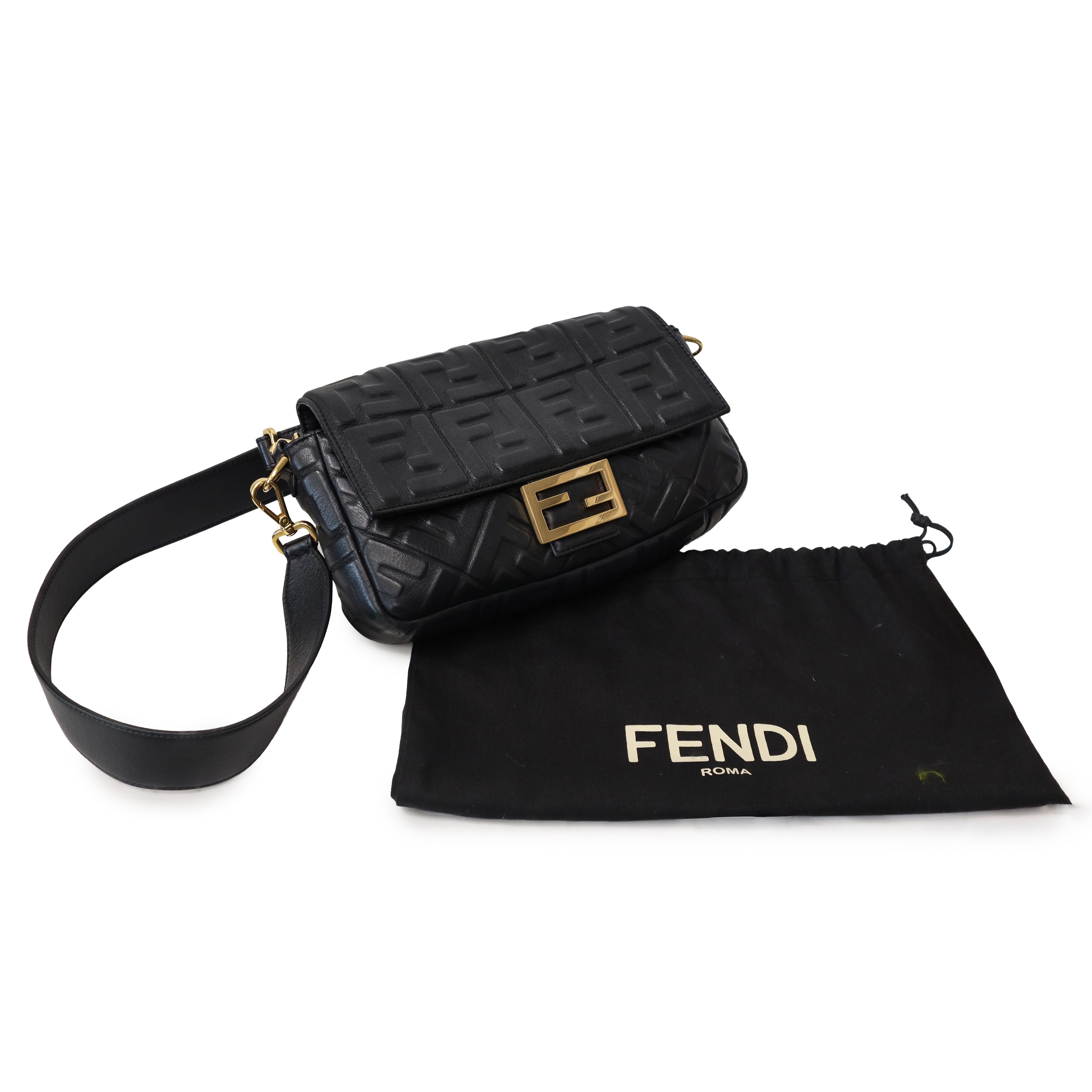 Fendi - Borsa baguette in nappa nera con logo a rilievo e metalleria dorata