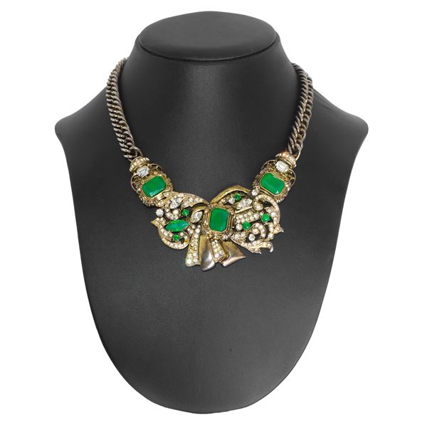 Flotty Bijoux - Collana in metallo dorato e argentato con strass e pietre verdi