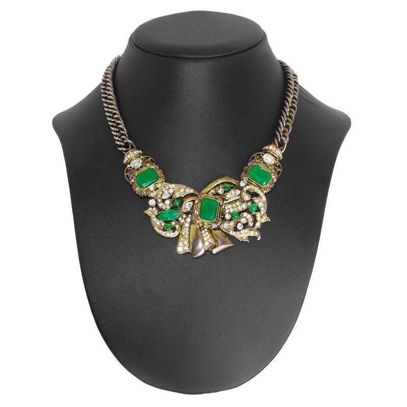 Flotty Bijoux - Collana in metallo dorato e argentato con strass e pietre verdi