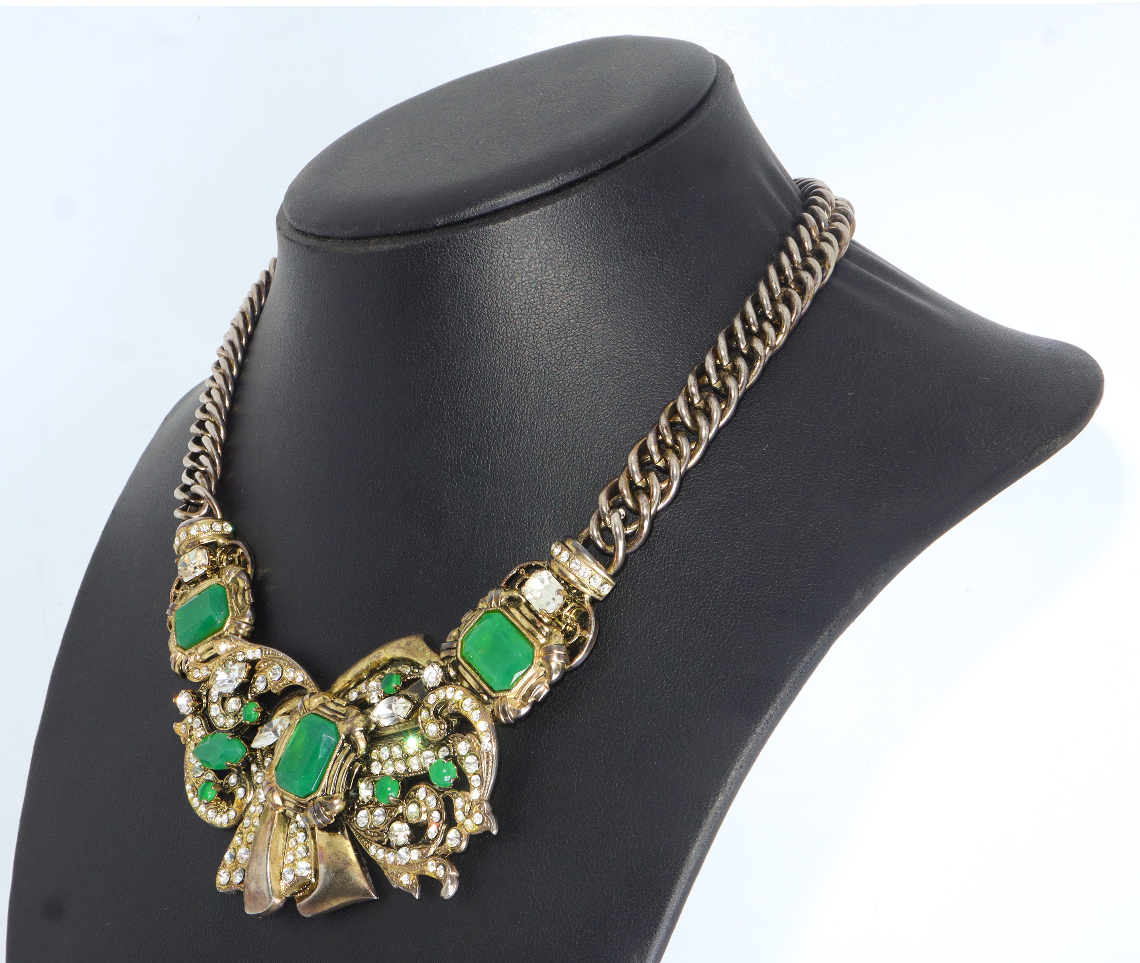 Flotty Bijoux - Collana in metallo dorato e argentato con strass e pietre verdi