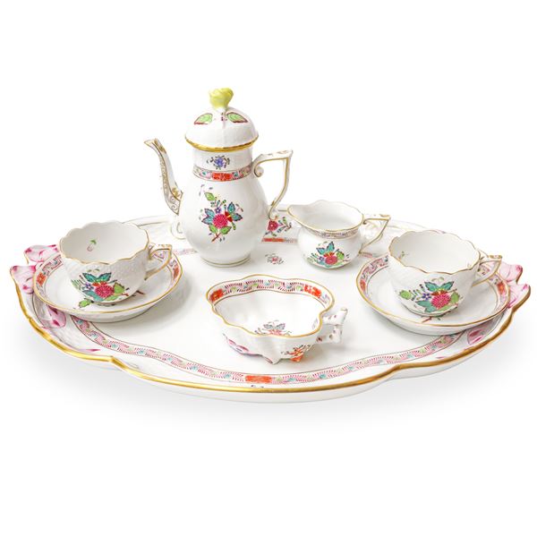 Herend  Hungary - Apponyi model tête-à-tête coffee service in white porcelain with typical polychrome floral decoration on a white background, ozier edge and gold trim
