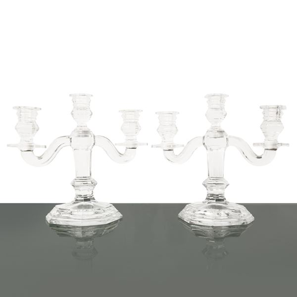 Baccarat France - Pair of three-light crystal candelabras, Baccarat Regence model. Some chipping on the edges.