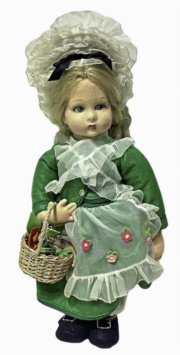 Bambola Lenci "piemontesina", capelli mohair, occhi dipinti, arti rigidi, etichetta Lenci con certificato, 1979 ca, Torino, h. cm 41, completa di scatola