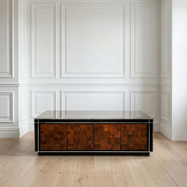 Sideboard in legno laccato e cromato, radica e vetro
