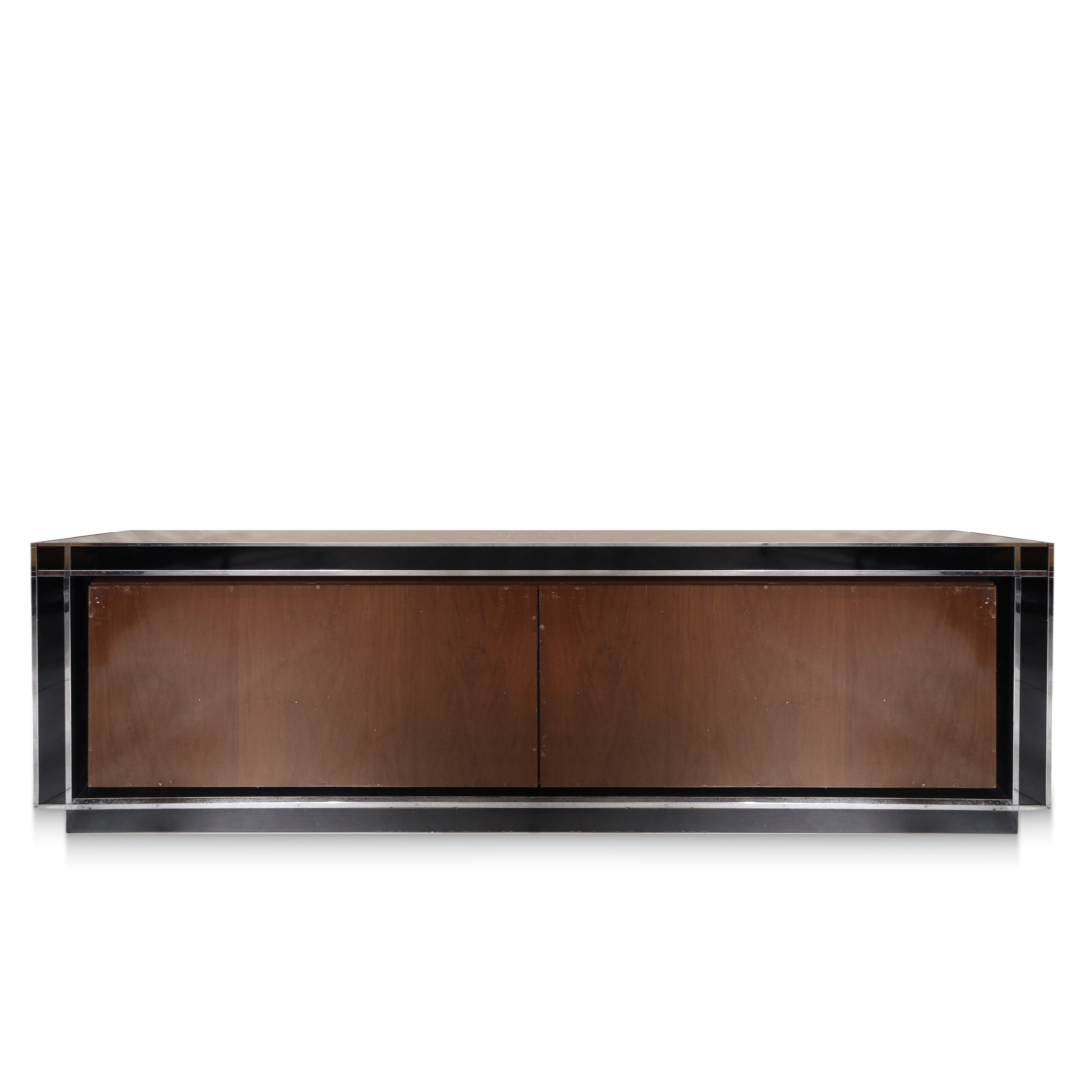 Sideboard in legno laccato e cromato, radica e vetro