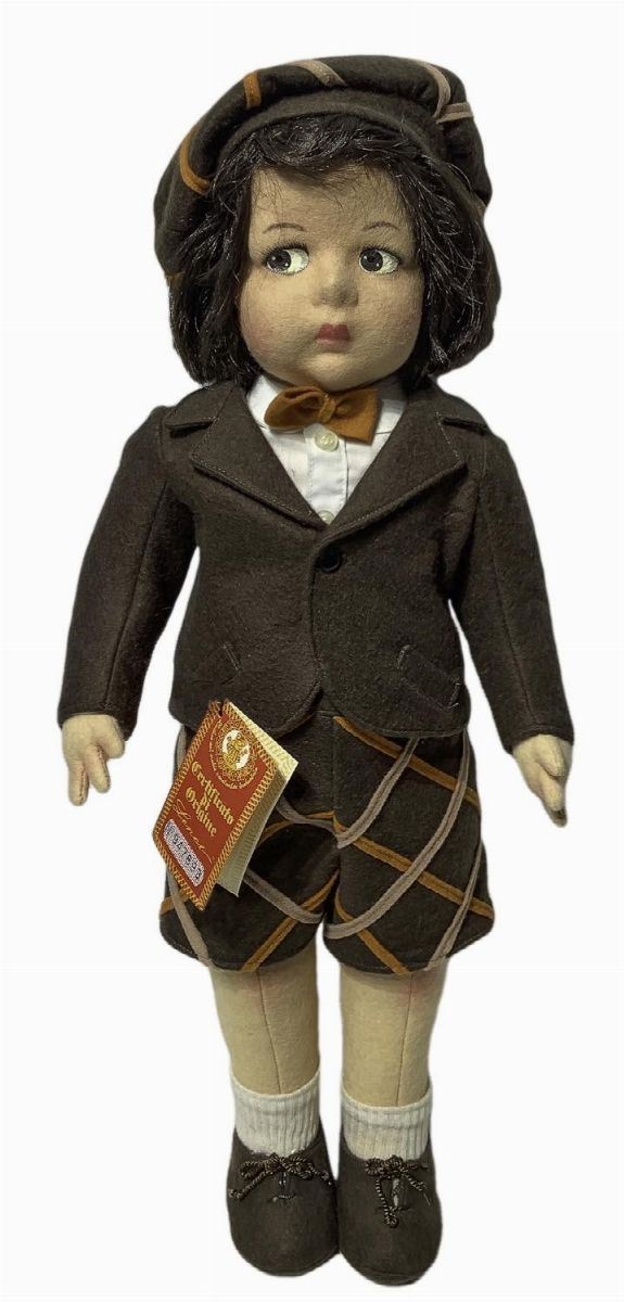 Mario Lenci doll, mohair hair, painted eyes, stiff limbs, certificate, about 1979, Torino, Italy, h 50 cm