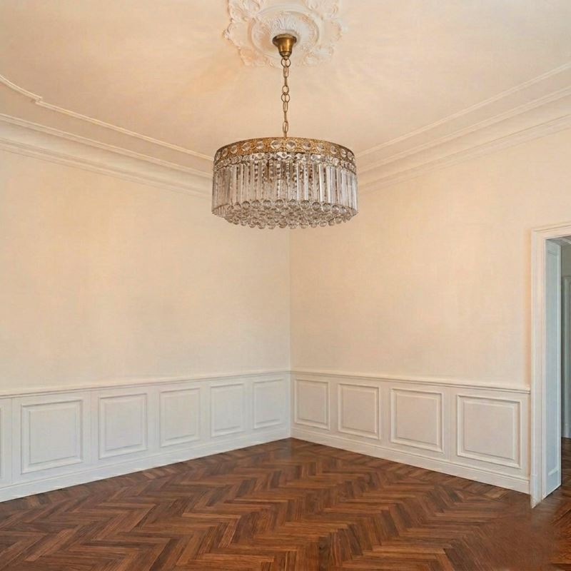 Lampadario a 18 luci stile impero con canne a prima in cristallo e struttura in metallo dorato