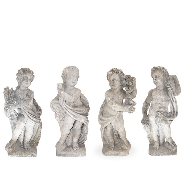 N°4 Putti in pietra bianca calcarea raffiguranti le 4 stagioni