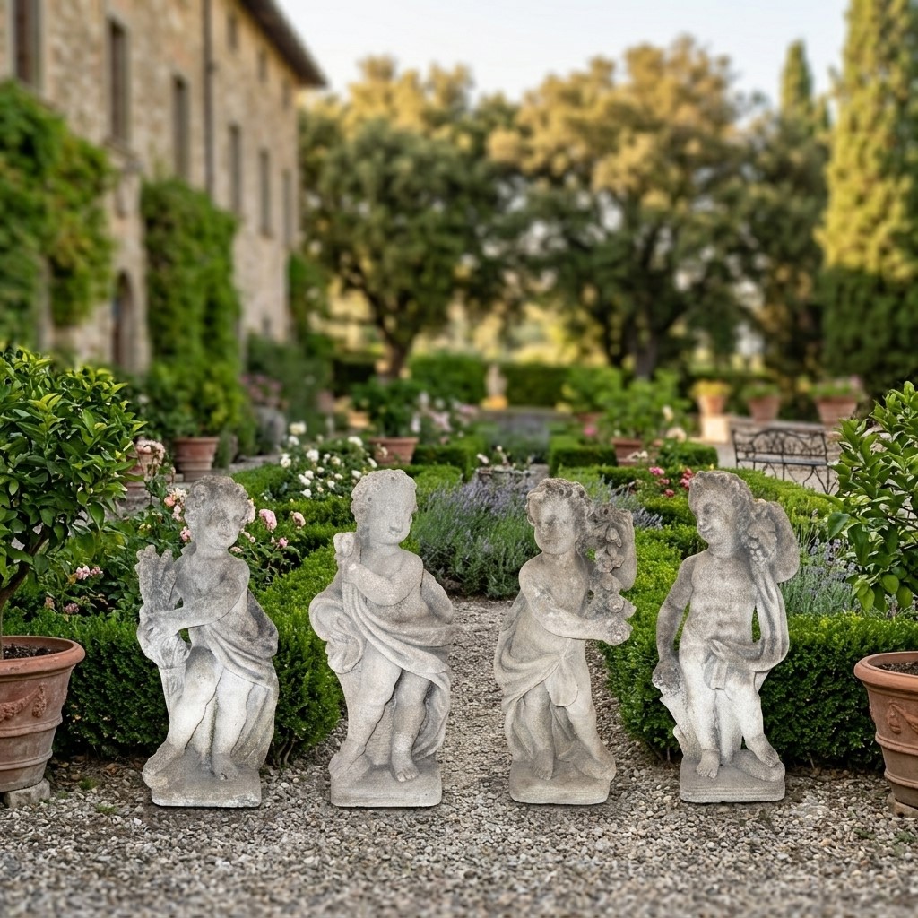 Putti raffiguranti le Quattro Stagioni, pietra bianca calcarea (serie di quattro esemplari), fine...