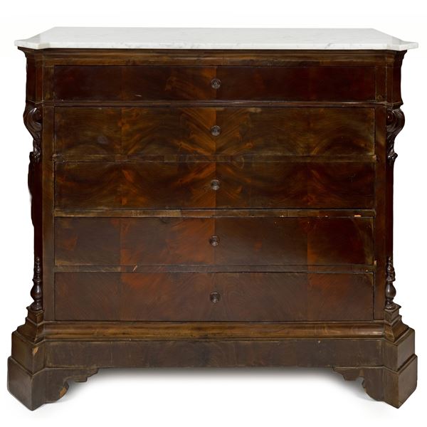 5-drawer chest of drawers in mahogany feather with white marble on the top