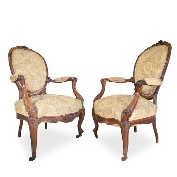 Pair of Louis Philippe armchairs in walnut with floral damask upholstery