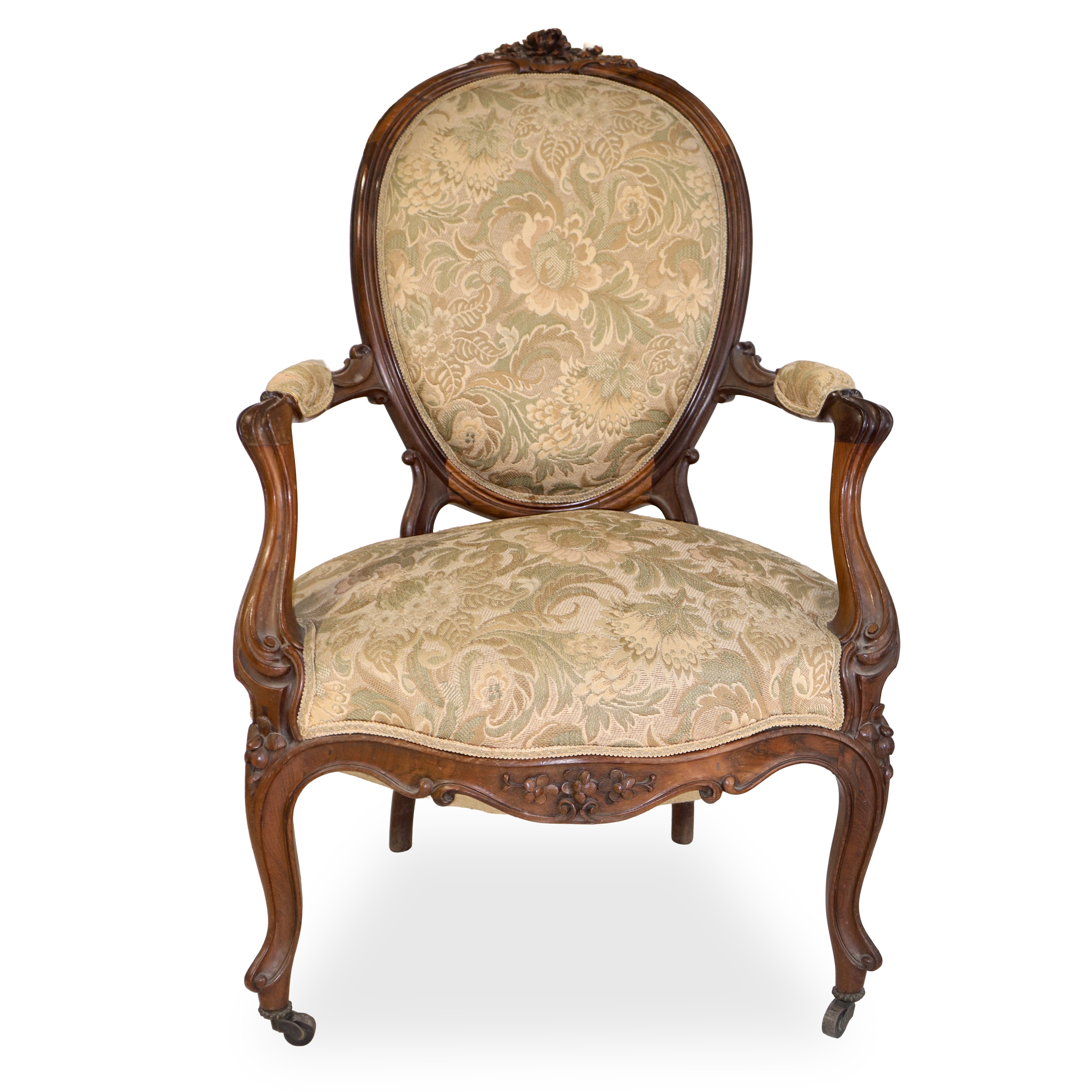 Coppia di poltrone Luigi Filippo, legno di noce con tappezzeria floreale damascata