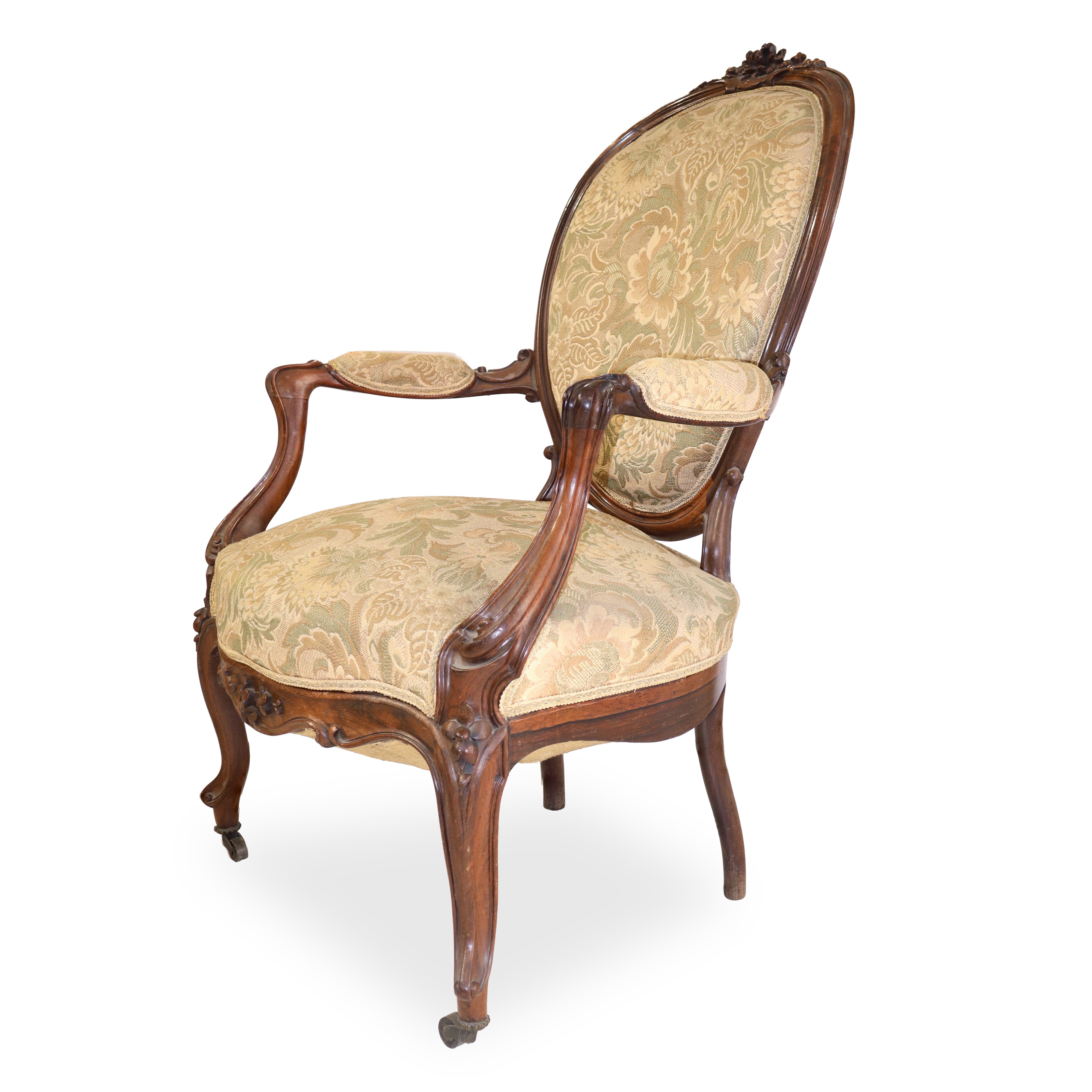 Coppia di poltrone Luigi Filippo, legno di noce con tappezzeria floreale damascata