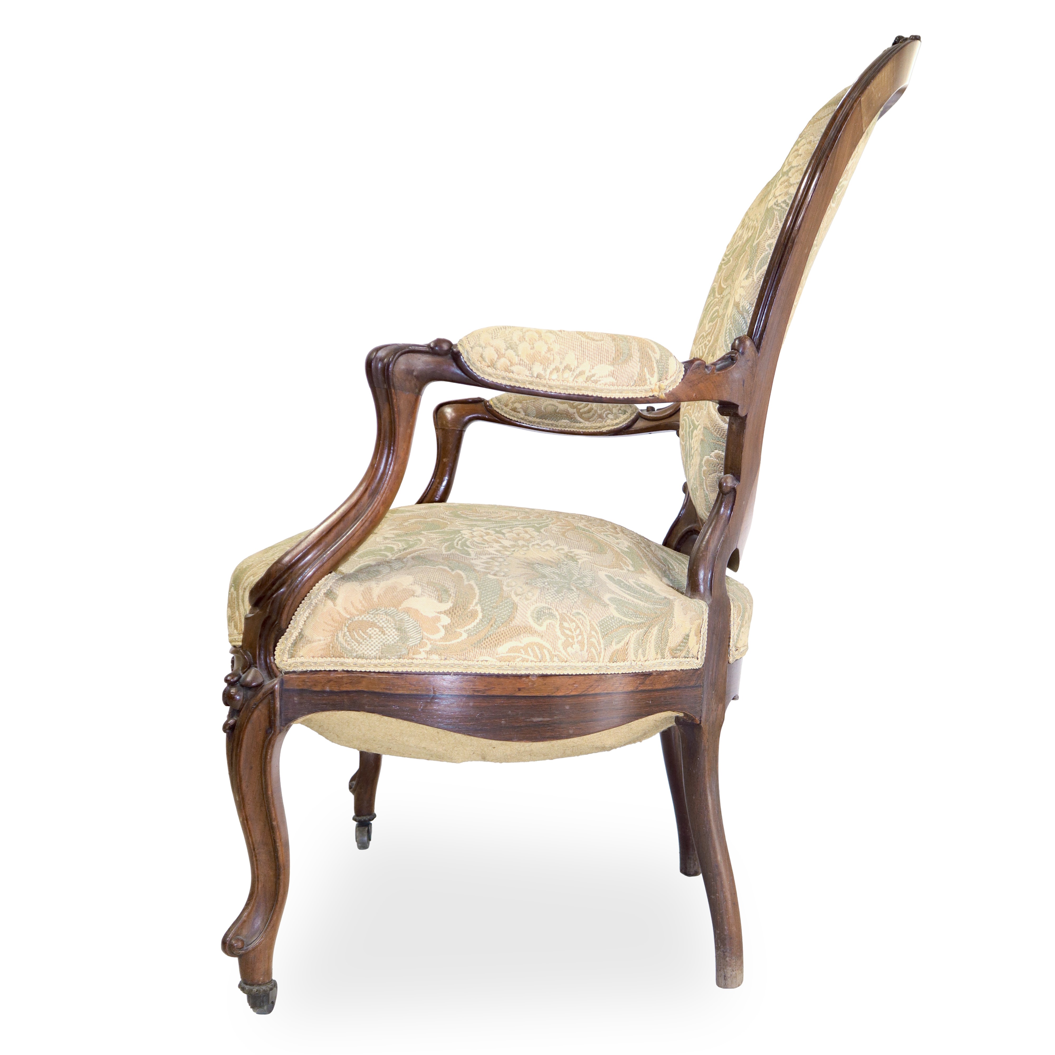 Coppia di poltrone Luigi Filippo, legno di noce con tappezzeria floreale damascata