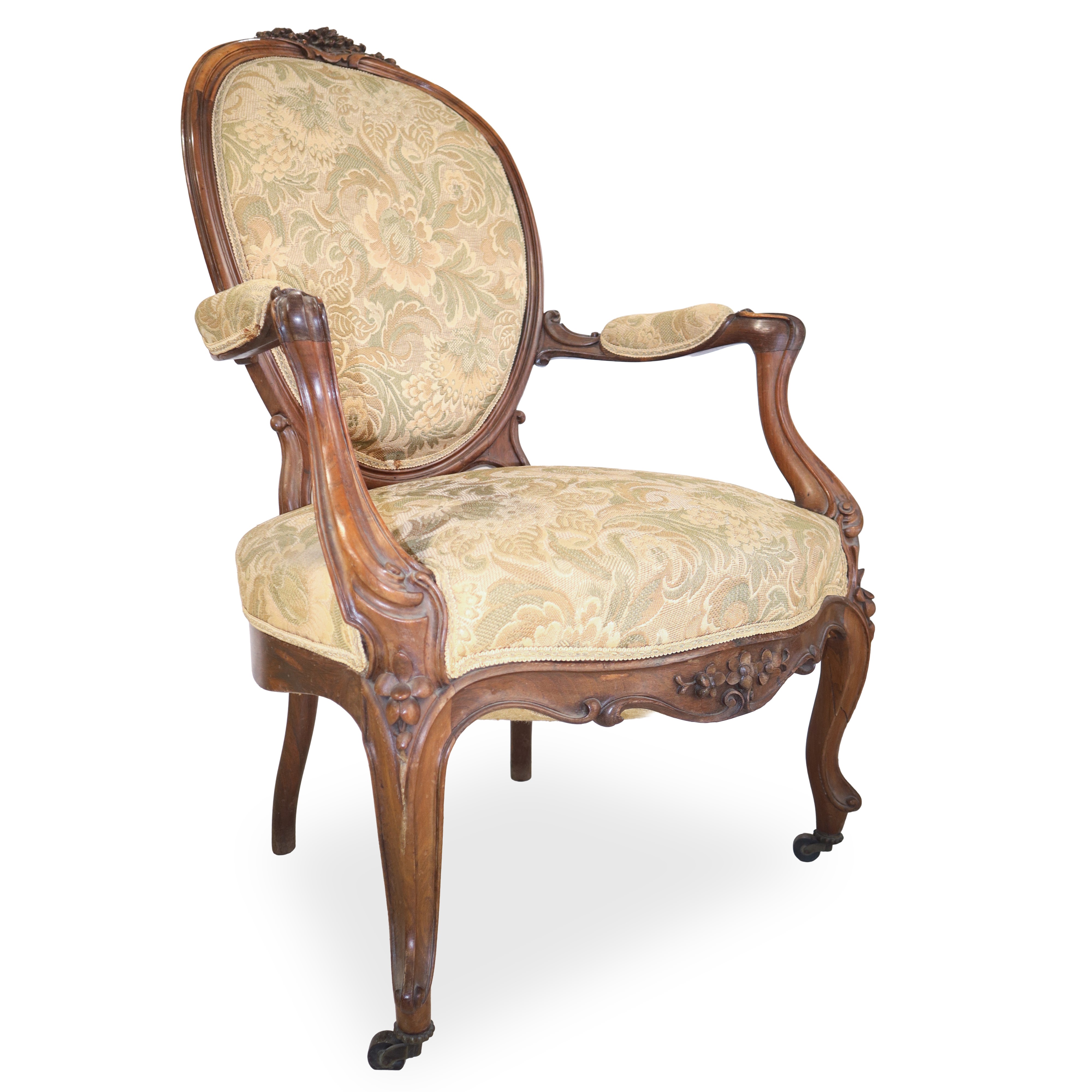 Coppia di poltrone Luigi Filippo, legno di noce con tappezzeria floreale damascata