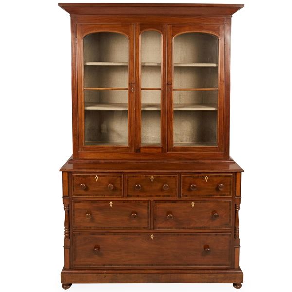 English buffet sideboard with drawers at the bottom and glass doors at the top
