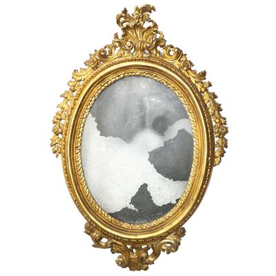 Specchiera Ovale con Cornice e in Legno Dorato e Intagliato con Cimasa