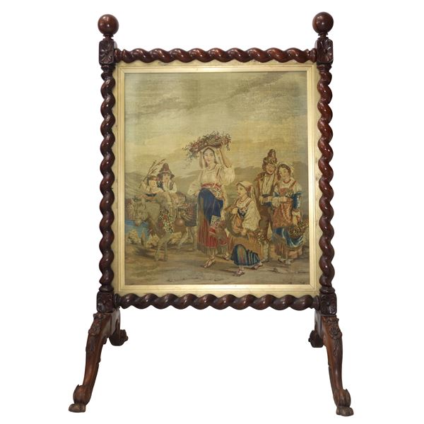 Small room divider with a torchon wooden frame and a scene of country life