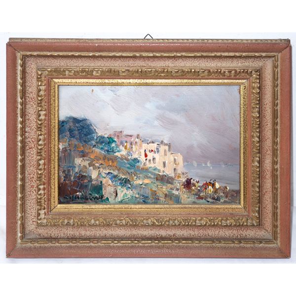 Paesaggio costiero con case e personaggi