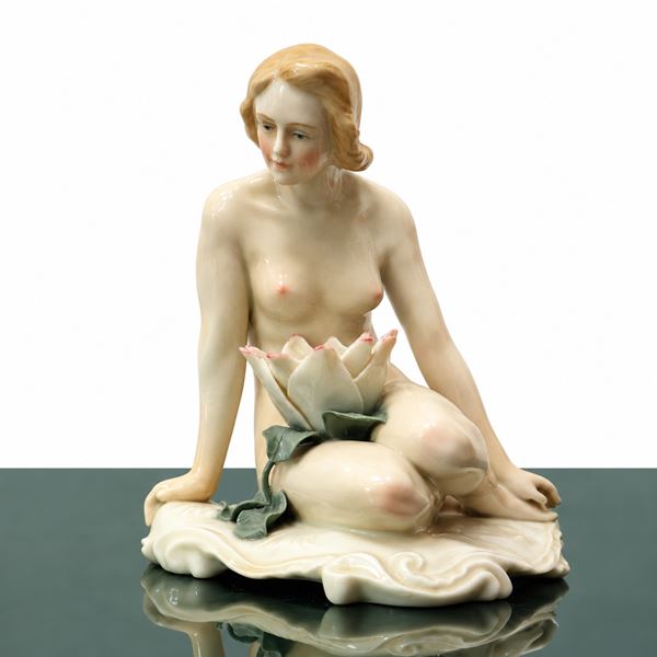 Porzellanfabrik Karl Ens - Nude woman with water lily on her lap, German porcelain sculpture (BREAKAGE AT THE WATER LILY LEAF)