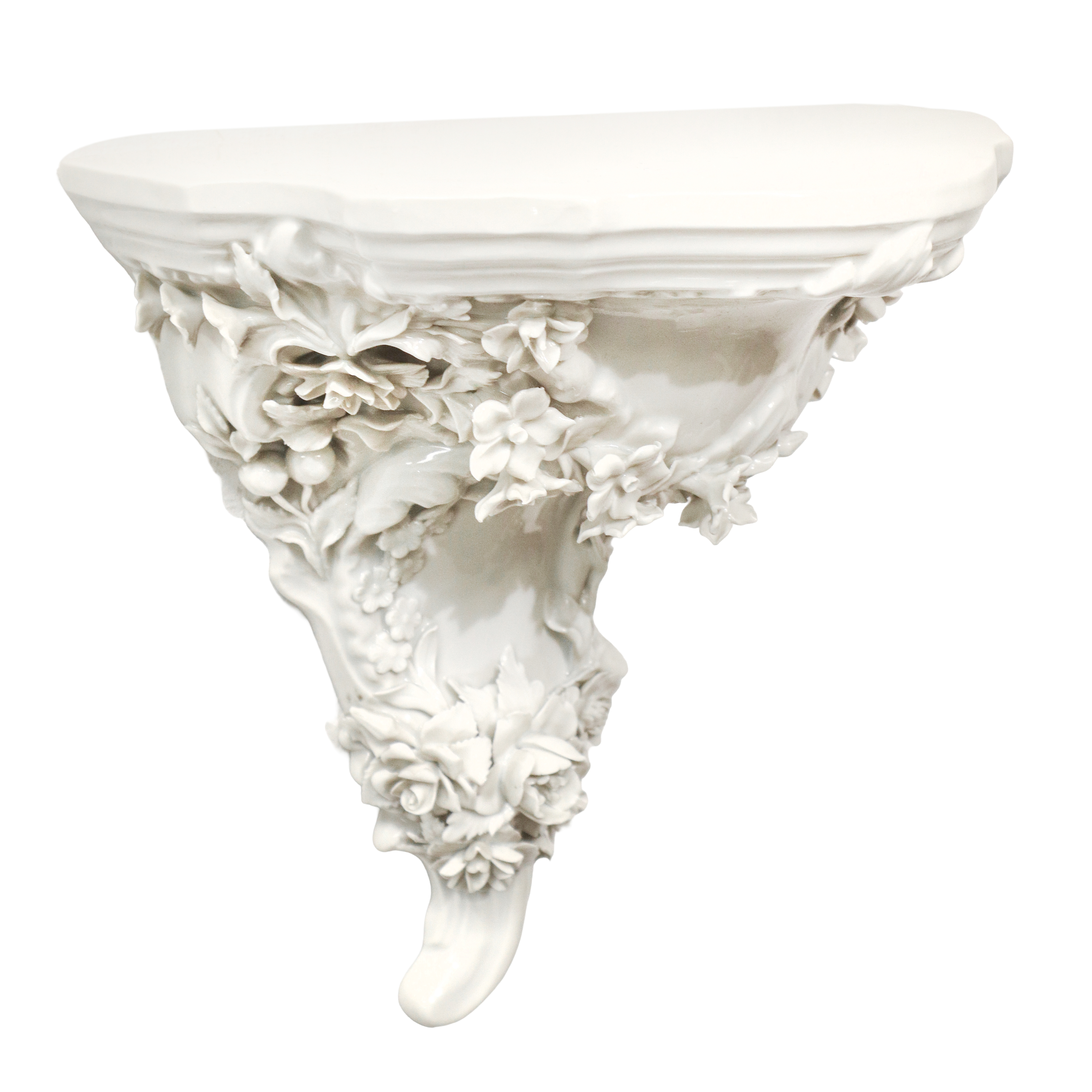 Dresden Porcelain - Coppia di Piccole Mensole in Porcellana Bianca con Decori Floreali in Rilievo