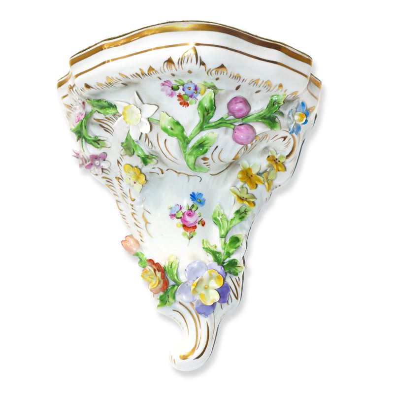 Dresden Porcelain - Piccola Mensola in Porcellana di Dresda Bianca con Fiori Policromi in Rilievo