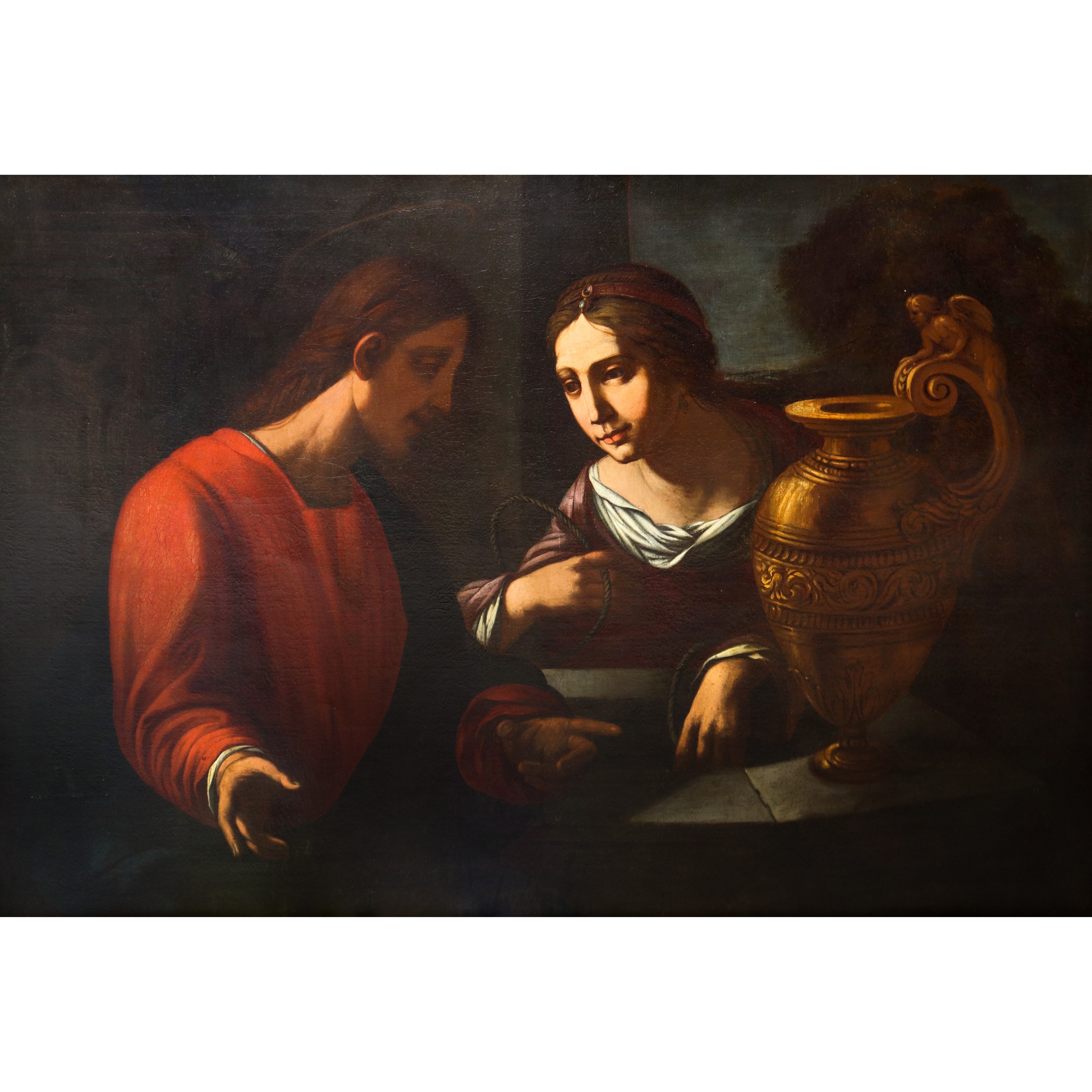 Anonimo emiliano del XVII secolo, Gesù e la samaritana al pozzo, olio su tela