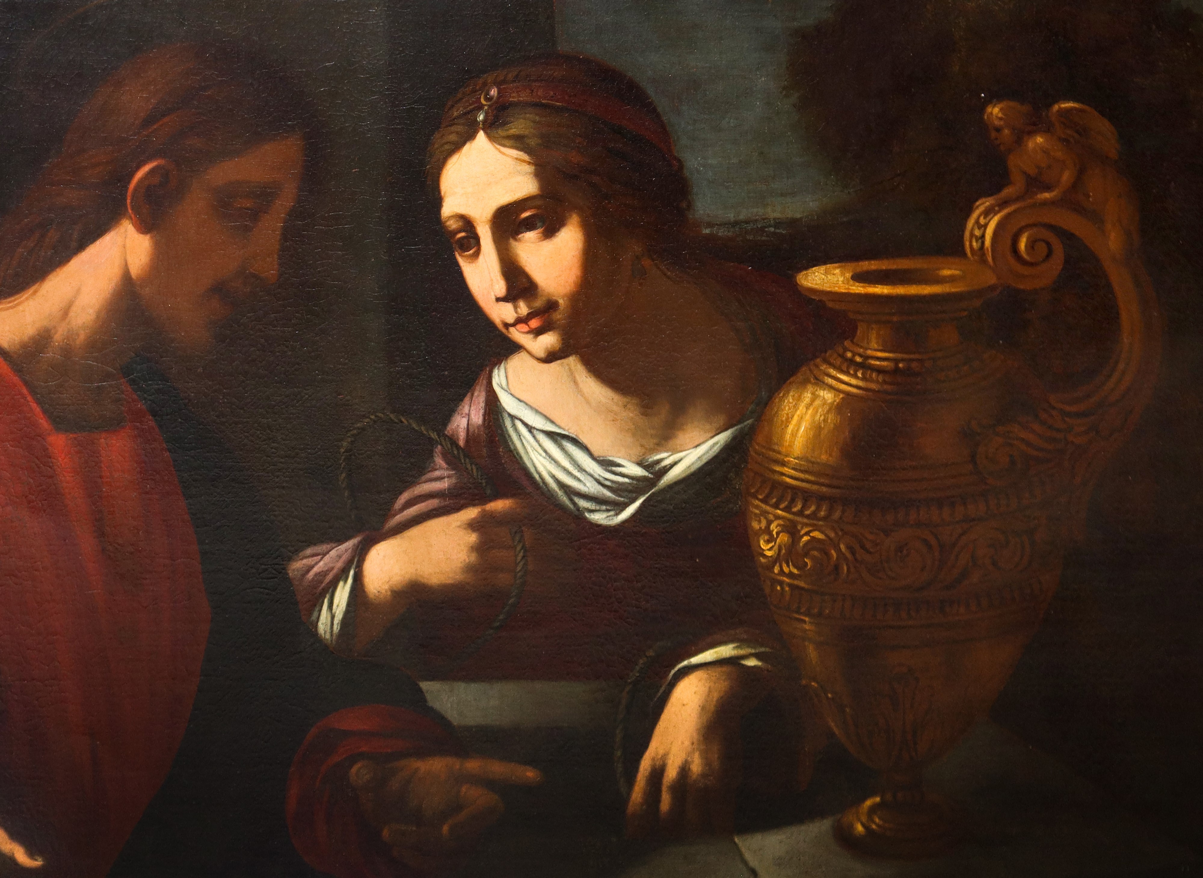 Anonimo emiliano del XVII secolo, Gesù e la samaritana al pozzo, olio su tela