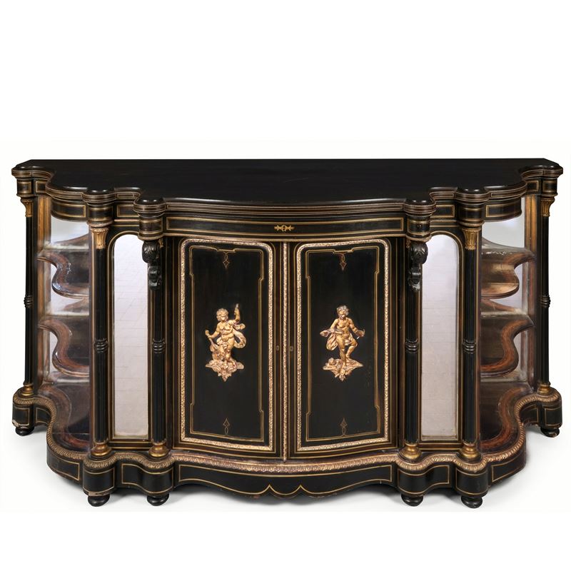 Francia, Napoleone III (XIX secolo), Credenza bassa in legno nero ebanizzato con sportelli e spec...