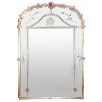 Specchiera in Vetro di Murano con Fiori e Dettagli Rosa